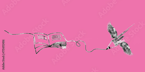 Trendy halftone collage banner. Creative writing concept	