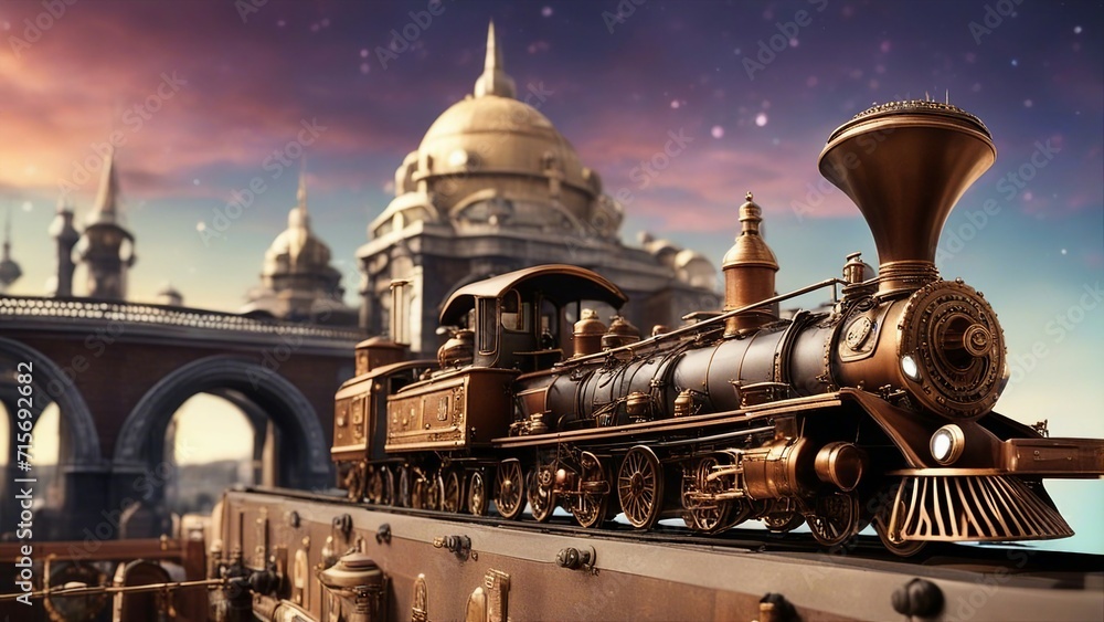 a steampunk,      A colorful scene of a steampunk train, with jewels, crystals, and lights,  