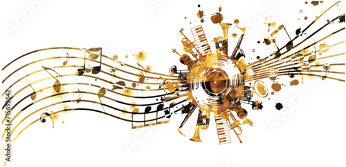 Golden musical promotional poster with musical instruments and notes isolated-vector illustration. Artistic playful design with vinyl disc for concert events, music festivals and shows. Party flyer