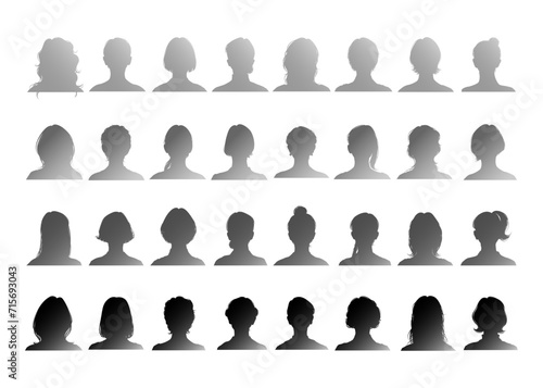 ヘアスタイルの違う女性の証明写真シルエットのイラストセット