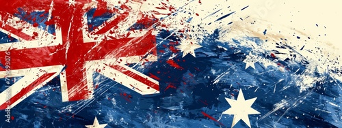 Dynamic Australian flag with a paint-splattered effect, capturing the spirit of the nation with a modern, artistic twist.