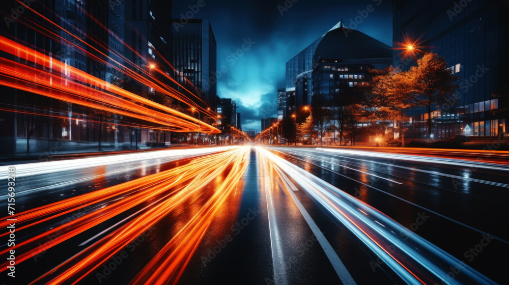 Obraz premium Long exposure photo of a night road in a metropolis. Nighttime atmospheric light from cars. Generative AI