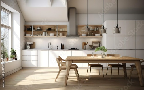 Modern kitchen, interior design, minimalistic scandinavian look. Natural wooden and white materials. Minimalistic sunny photo. AI Generative © your_inspiration