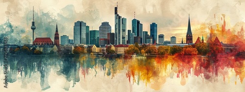 An artistic watercolor rendering of a city skyline reflects on the water, with autumnal colors creating a vibrant, tranquil atmosphere. photo