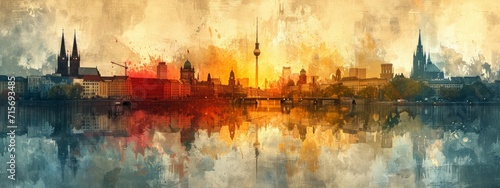 A watercolor cityscape at sunset captures the serene beauty of reflections on water with warm, golden hues blending into the urban silhouette.