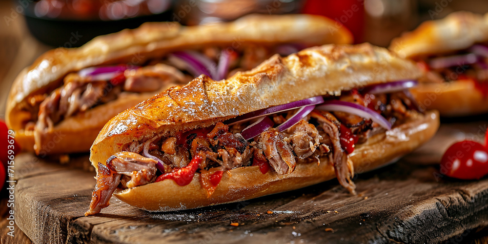 Sandwich with delicious meat filling on the table in a barbecue restaurant. Sandwich with delicious meat filling on the table in a barbecue restaurant.