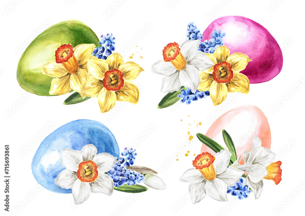 Colored Easter eggs in the green grass, spring flowers and yellow chicks. Hand drawn watercolor illustration isolated on white background copy Colored Easter eggs in the green grass, spring flowers and yellow chicks. Hand drawn watercolor illustration isolated on white background copy
