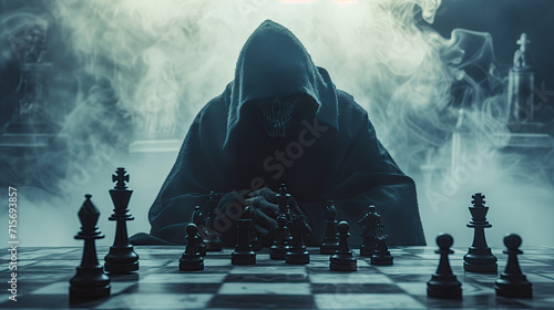 Chess board game concept of business idea, Grim Reaper is playing chess. photo