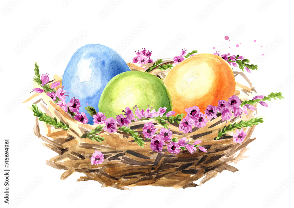 Colored Easter eggs in the green grass, spring flowers and yellow chicks. Hand drawn watercolor illustration isolated on white background copy Colored Easter eggs in the green grass, spring flowers and yellow chicks. Hand drawn watercolor illustration isolated on white background copy