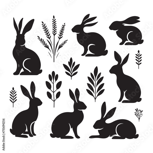 Mystical Meadows: A Whimsical Collection of Rabbit Silhouettes in Nature's Enchantment - Rabbit Illustration - Bunny Vector 