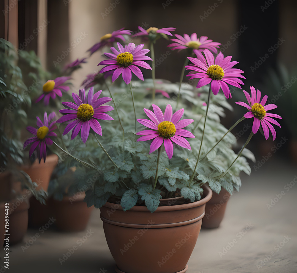 Bouquet of wildflowers (Anthemis tinctoria and Knautia arvensis) in a ceramic jug on the table. Saxifraga flowers. Artificial Flowers in White Flowerpots. generative Ai