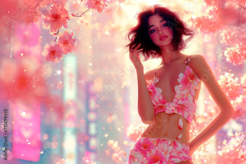 A beautiful girl in an open swimsuit poses against the background of cherry blossoms. Illustration in pink tones