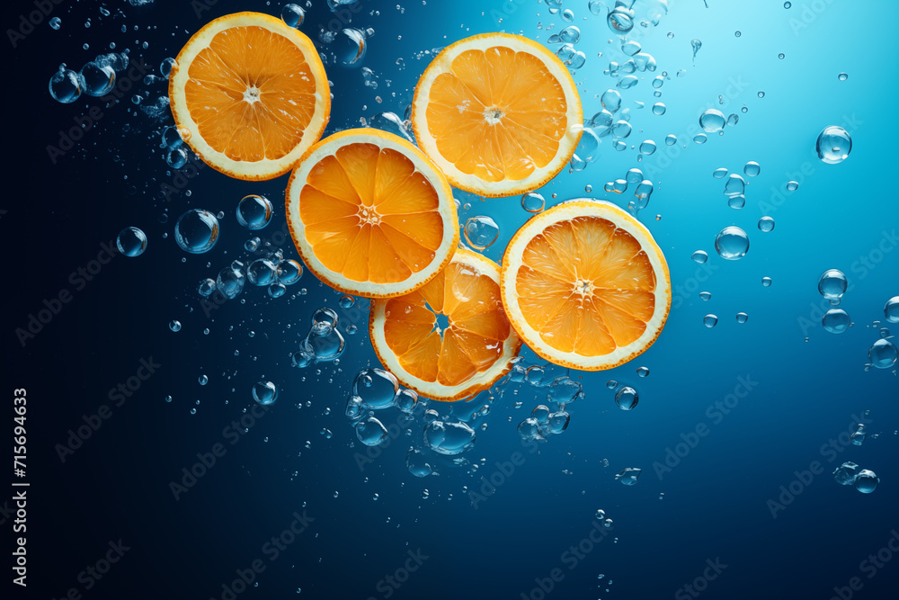 Various slices of oranges fall into the water with splashes. Water background concept with orange citrus fruits, refreshing drinks and vitamin C skin care toner Various slices of oranges fall into the water with splashes. Water background concept with orange citrus fruits, refreshing drinks and vitamin C skin care toner
