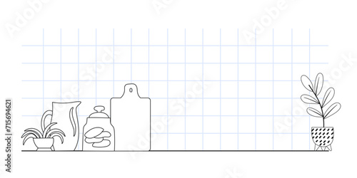 Outline kitchen interior illustration of countertop and tile wall with potted plants and dishes on it. Closup kitchen background. Vector illustration photo