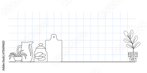 Outline kitchen interior illustration of countertop and tile wall with potted plants and dishes on it. Closup kitchen background. Vector illustration