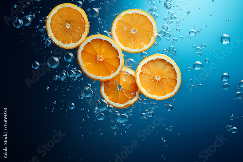 Various slices of oranges fall into the water with splashes. Water background concept with orange citrus fruits  refreshing drinks and vitamin C skin care toner