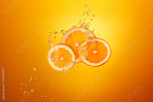 Slices of oranges with splashes on a yellow background  copy space. Beautiful slices of citrus fruits in water with bubbles and splashes. Abstract refreshing citrus background
