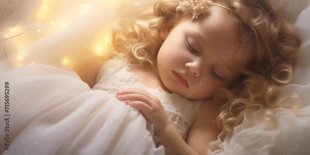 Young child sleeping peacefully surrounded by soft lights Young child sleeping peacefully surrounded by soft lights