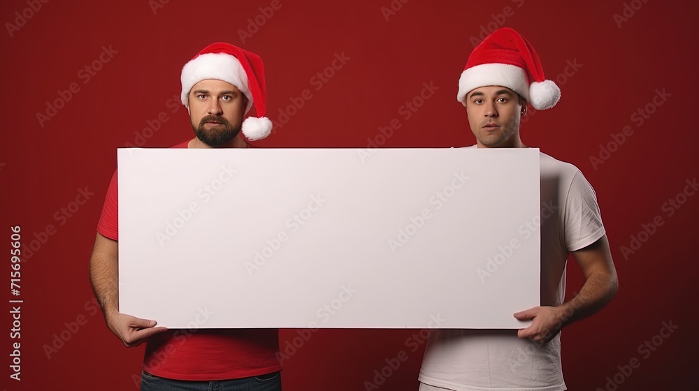 Two men in Santa hats presenting a large blank white banner, ideal for a customizable Christmas message. Two men in Santa hats presenting a large blank white banner, ideal for a customizable Christmas message.
