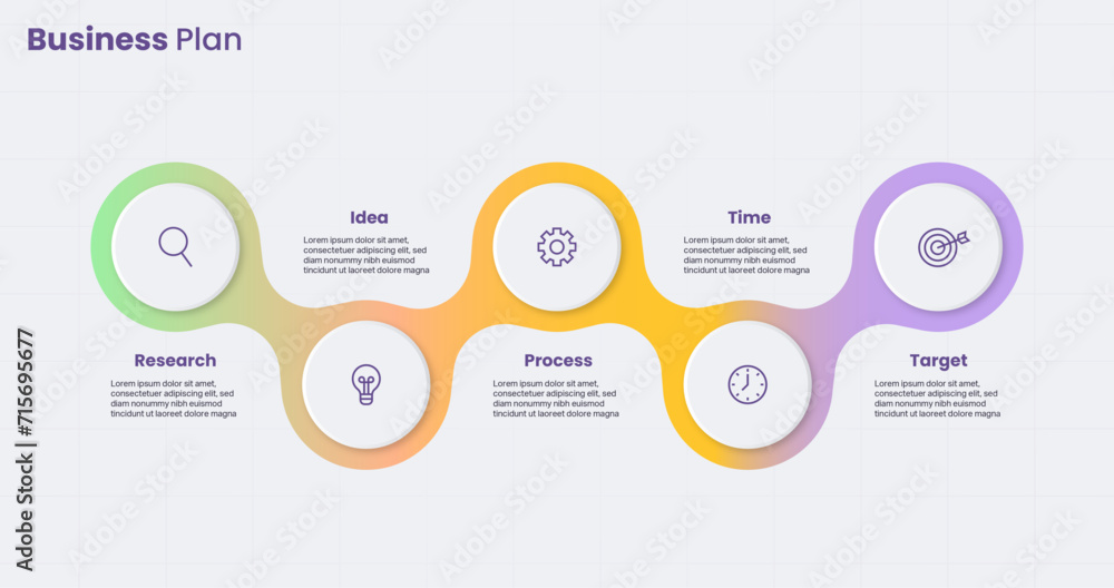 Infographic connected circle diagram template for 5 step business plan concept