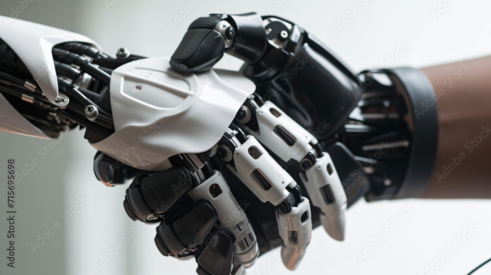  human hand and robotic hand touching, symbolizing Connection between man and machine 