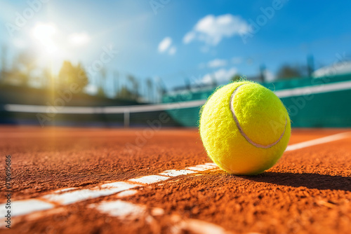 Balle de tennis et raquette sur terre battue en gros plan © Patrick