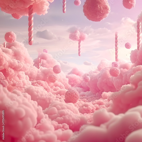 3d pink cloud with lollipop, candy, fantasy, dreamland, surreal