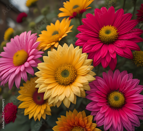 Dahlia Garden Capture a wide shot of a Dahlia garden, showcasing rows of blooming Dahlias. Focus on the variety of colors.  Beautiful yellow and purple daisies in a summer garden. generative Ai