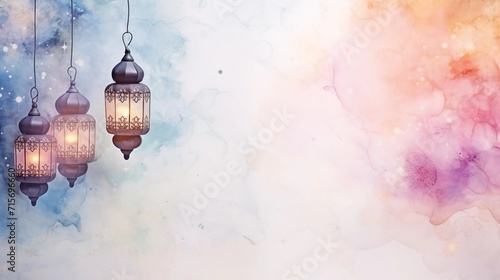 lantern Light Lamp watercolor illustration. oil painting Islamic Ramadan Kareem, iftar festival or Eid Mubarak banner background
