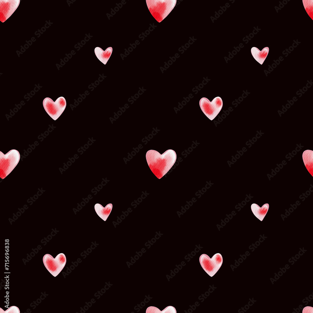 Romantic pattern with hearts on the black background, fabric, paper for Valentines day. Digital watercolor illustration