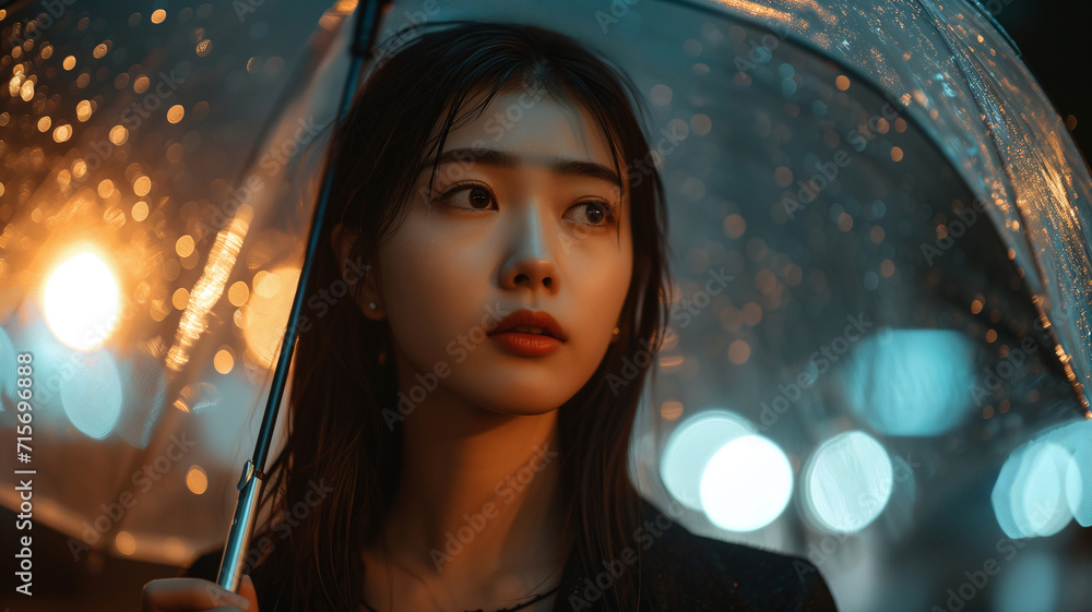 Beautiful brunette woman holding a transparent umbrella in warm light Beautiful brunette woman holding a transparent umbrella in warm light
