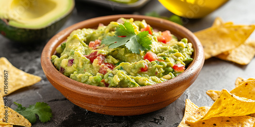 Freshly made guacamole with a sprinkle of cilantro, ready to serve with crispy tortilla chips.
