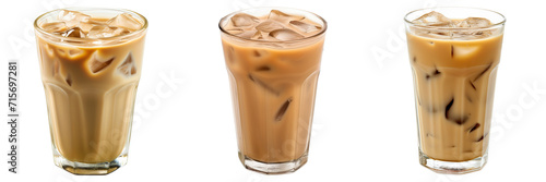 Three cold iced coffee drinks in tall glasses on a transparent background, refreshing summer beverage concept