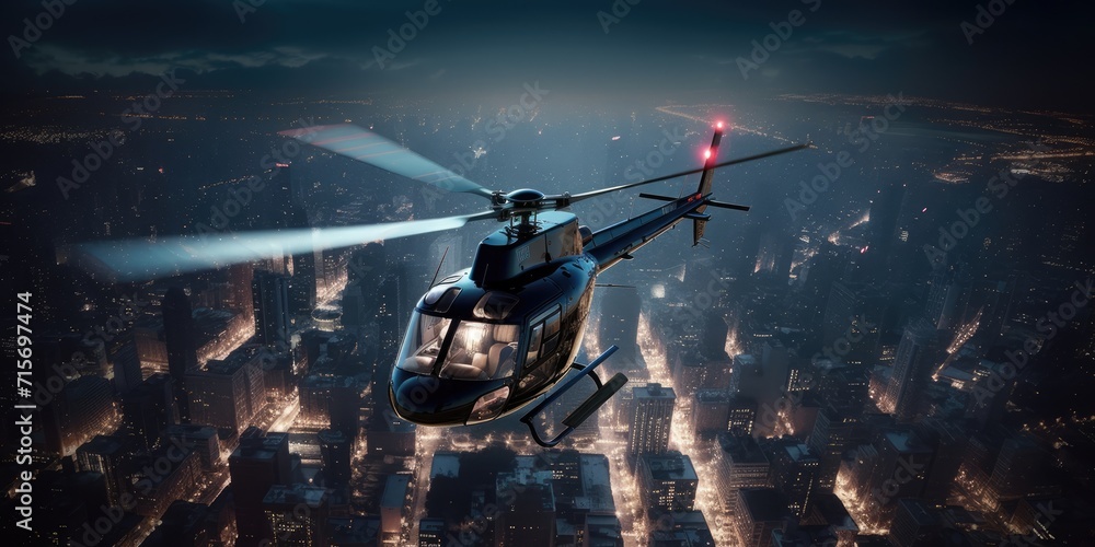 Obraz premium Helicopter flies over the city. A helicopter flies in the sky. Generative AI. View of a flying helicopter. City view from above