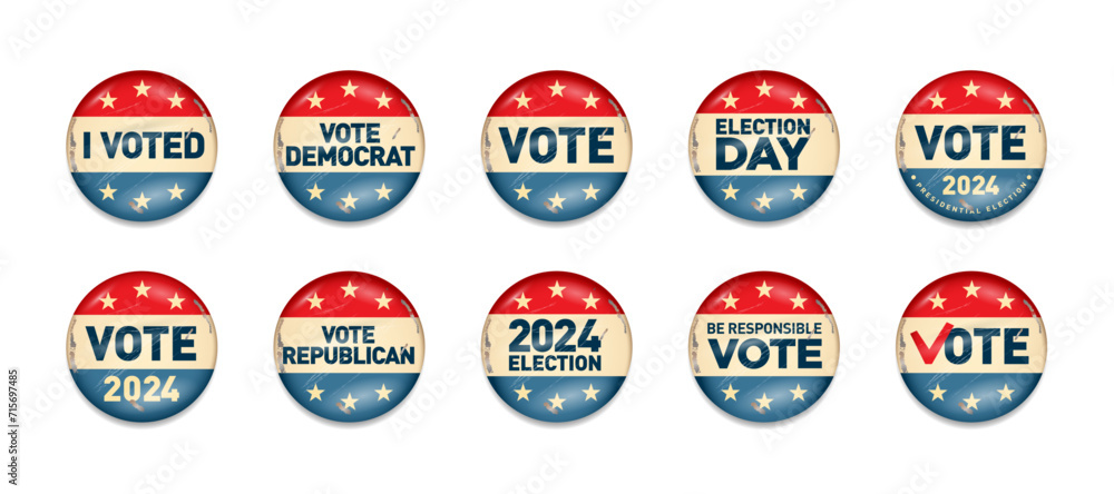 Set of 2024 United States of America Presidential Election Buttons.