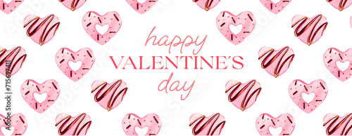 Happy valentines day - horizontal banner for website, 14 february. Pink heart-shaped cookies. Digital watercolor illustration photo