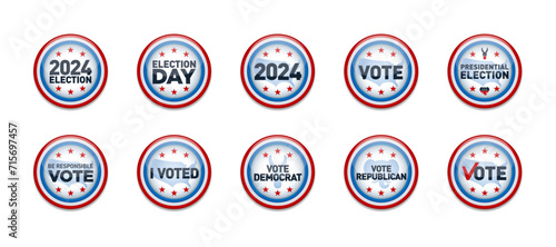 Set of 2024 United States of America Presidential Election Buttons.