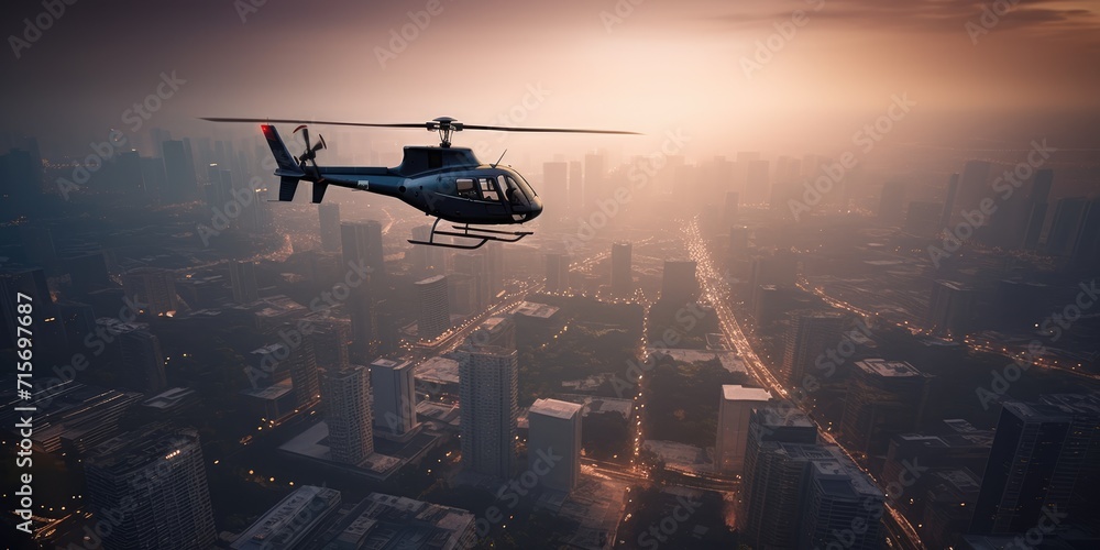 Helicopter flies over the city. A helicopter flies in the sky. Generative AI. View of a flying helicopter. City view from above Helicopter flies over the city. A helicopter flies in the sky. Generative AI. View of a flying helicopter. City view from above