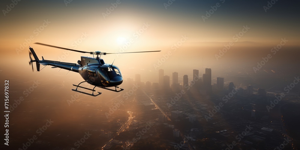 Helicopter flies over the city. A helicopter flies in the sky. Generative AI. View of a flying helicopter. City view from above Helicopter flies over the city. A helicopter flies in the sky. Generative AI. View of a flying helicopter. City view from above