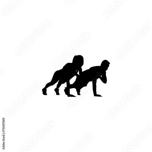 People doing crunches. Exercise isolated on a white background. Men do fitness and yoga exercises—pushups, squats, dumbbell rows, burpees, side planks, situps, mountain climbers, etc.