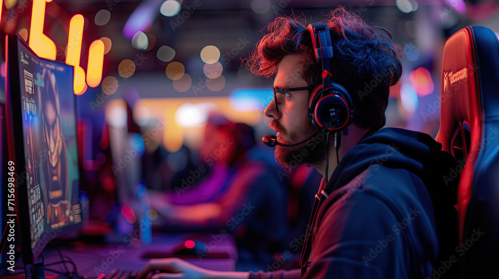 Gamers have fun with their teammates. Complete with bright lights and a lively atmosphere. Surrounded by teammates and spectators. Gamers have fun with their teammates. Complete with bright lights and a lively atmosphere. Surrounded by teammates and spectators.