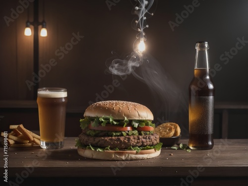 Hamburger on a wooden board with beer. Generative AI