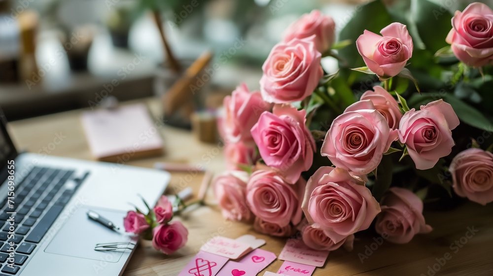 Obraz premium Laptop adorned with a vibrant bouquet of roses, a perfect blend of technology and nature, celebrating love, romance, and special occasions like weddings, birthdays, and Valentine's Day