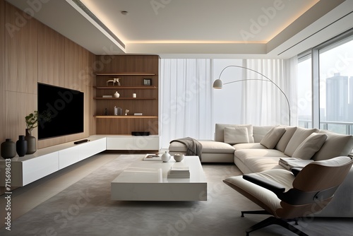 A contemporary urban living-room with a sleek and minimalist design  big TV on the wall and a cozy sofa