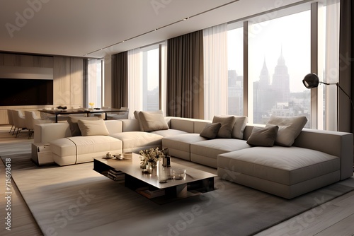A sleek and minimalist urban living-room with a big sofa and beautiful view from the window