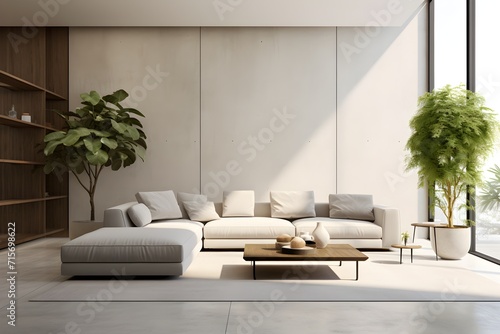 A contemporary living-room with empty wall for mockups, modern interior elements, neutral tones, and plants in modern pots photo