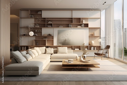 A modern and minimalist interior of a living-room, with clean lines and neutral tones