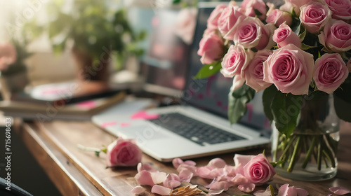 Laptop adorned with a vibrant bouquet of roses, a perfect blend of technology and nature, celebrating love, romance, and special occasions like weddings, birthdays, and Valentine's Day photo