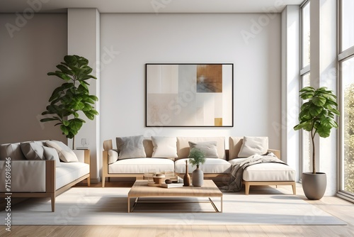 A living-room with a sleek and minimalist modern interior, clean lines, neutral tones, and potted plants
