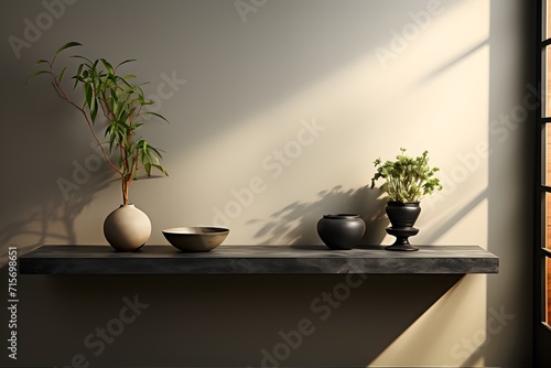 A minimalist wall-mounted shelf with plants in vases, with sleek invisible brackets. Trendy floating shelf design. photo